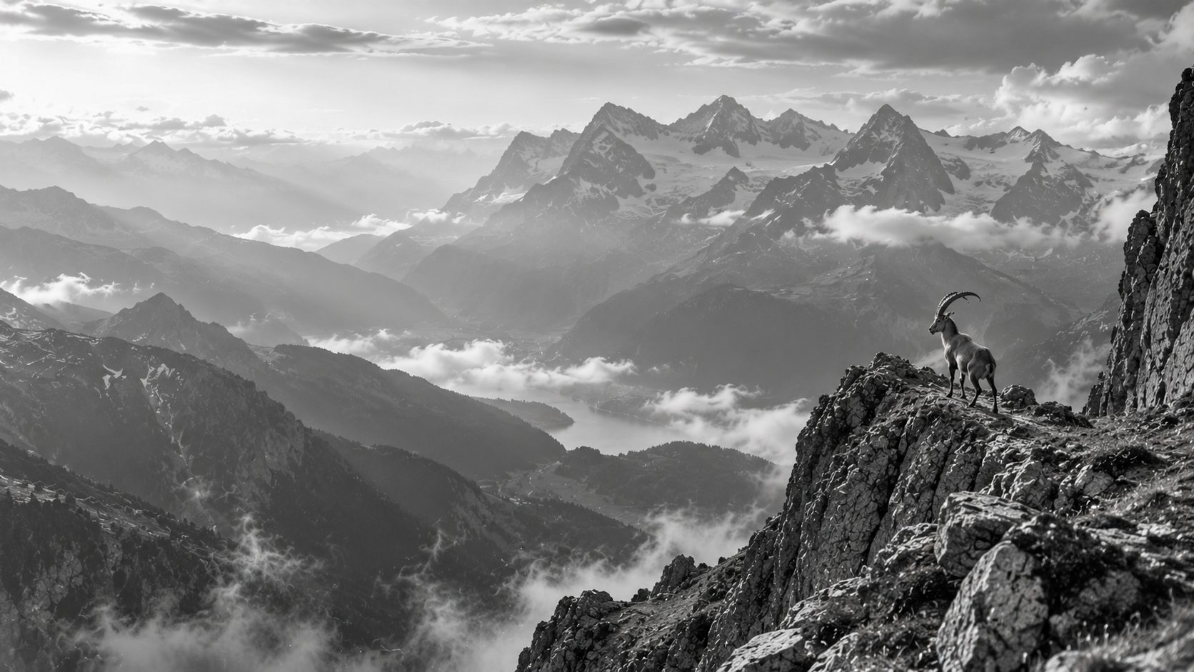 Bouquetin sur une arête face aux sommets des Alpes