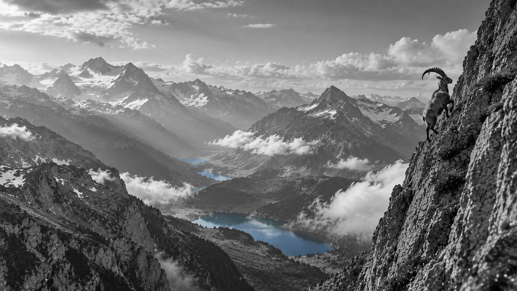 Bouquetin sur une paroi au-dessus de lacs alpins