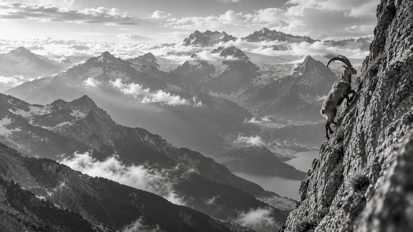 Bouquetin gravissant une paroi au-dessus d’une vallée des Alpes